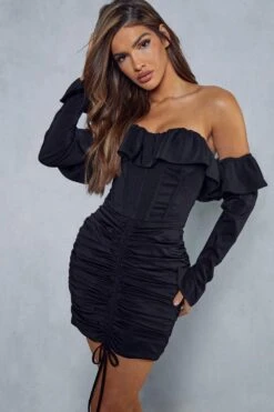 Lexi Wood Premium Satin Corseted Ruched Skirt Frill Mini Dress -Dress Sales Store black lexi wood premium satin corseted ruched skirt frill mini dress 5