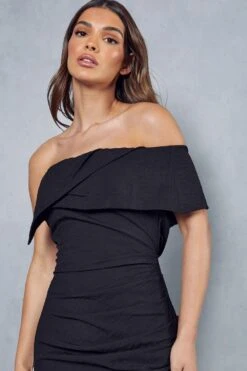 Linen Look One Shoulder Ruched Dress -Dress Sales Store black linen look one shoulder ruched dress 5