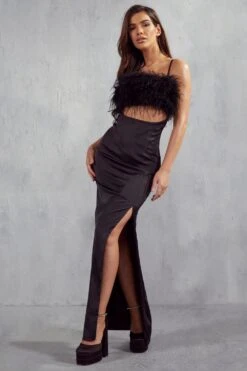 Maeve Premium Satin Feather Maxi Dress