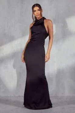 Meredith Premium High Neck Satin Gown -Dress Sales Store black meredith premium high neck satin gown 4