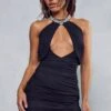 Mesh Diamante Neckline Ruched Mini Dress -Dress Sales Store black mesh diamante neckline ruched mini dress