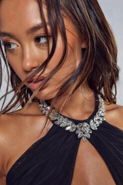 Mesh Diamante Neckline Ruched Mini Dress -Dress Sales Store black mesh diamante neckline ruched mini dress 5