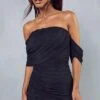 Mesh Drape Sleeve Bardot Mini Dress -Dress Sales Store black mesh drape sleeve bardot mini dress