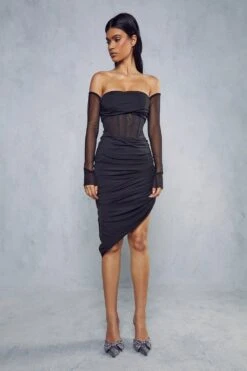 Mesh Insert Corseted Long Sleeve Midi Dress