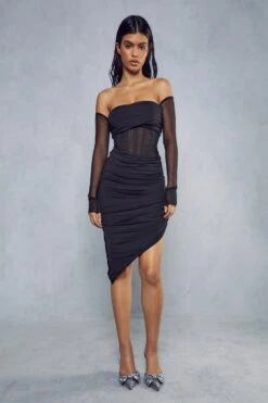 Mesh Insert Corseted Long Sleeve Midi Dress 10 Mesh Insert Corseted Long Sleeve Midi Dress -Dress Sales Store black mesh insert corseted long sleeve midi dress 3