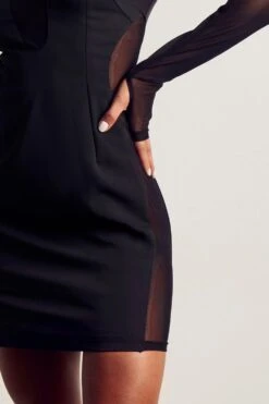 Mesh Insert Long Sleeve Thumbhole Mini Dress -Dress Sales Store black mesh insert long sleeve thumbhole mini dress 5