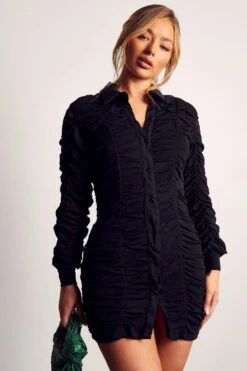 Mesh Ruched Button Down Shirt Dress