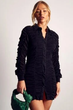 Mesh Ruched Button Down Shirt Dress -Dress Sales Store black mesh ruched button down shirt dress 4