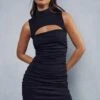 Mesh Ruched High Neck Cut Out Detail Mini Dress -Dress Sales Store black mesh ruched high neck cut out detail mini dress