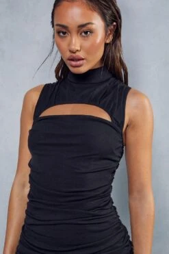 Mesh Ruched High Neck Cut Out Detail Mini Dress -Dress Sales Store black mesh ruched high neck cut out detail mini dress 5