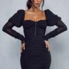 Mesh Ruched Puff Sleeve Mini Dress -Dress Sales Store black mesh ruched puff sleeve mini dress