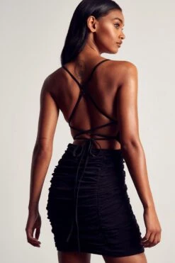 Mesh Strappy Back Ruched Body Mini Dress -Dress Sales Store black mesh strappy back ruched body mini dress 2