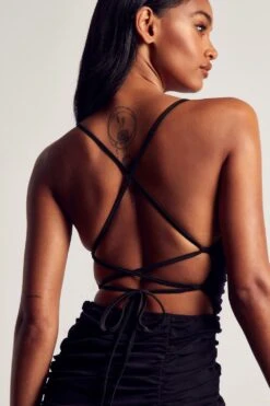 Mesh Strappy Back Ruched Body Mini Dress -Dress Sales Store black mesh strappy back ruched body mini dress 4