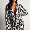 Monochrome Abstract Satin Cowl Neck Dress
