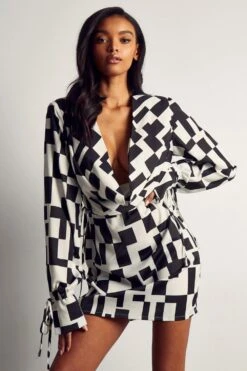 Monochrome Abstract Satin Cowl Neck Dress