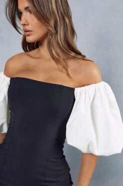 Monochrome Puff Sleeve Mini Dress -Dress Sales Store black monochrome puff sleeve mini dress 1