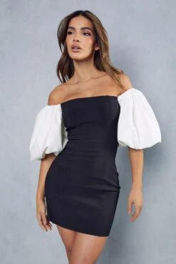 Monochrome Puff Sleeve Mini Dress -Dress Sales Store black monochrome puff sleeve mini dress 4