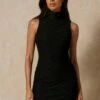 Monogram Embossed High Neck Mini Dress -Dress Sales Store black monogram embossed high neck mini dress