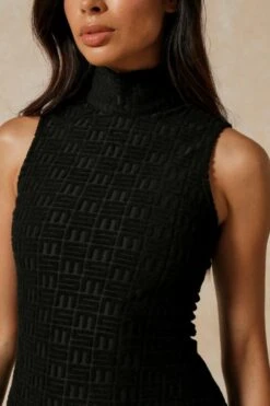 Monogram Embossed High Neck Mini Dress 12 Monogram Embossed High Neck Mini Dress -Dress Sales Store black monogram embossed high neck mini dress 4