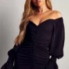 Off The Shoulder Puff Sleeve Ruched Mini Dress -Dress Sales Store black off the shoulder puff sleeve ruched mini dress