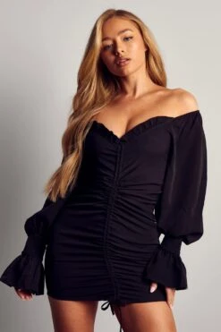 Off The Shoulder Puff Sleeve Ruched Mini Dress