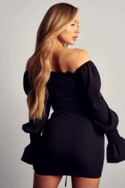 Off The Shoulder Puff Sleeve Ruched Mini Dress -Dress Sales Store black off the shoulder puff sleeve ruched mini dress 3