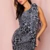 One Shoulder Animal Organza Dress -Dress Sales Store black one shoulder animal organza dress