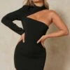 One Shoulder Cut Out Bodycon Dress -Dress Sales Store black one shoulder cut out bodycon dress