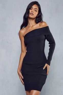One Shoulder Rib Knit Mini Dress -Dress Sales Store black one shoulder rib knit mini dress 1
