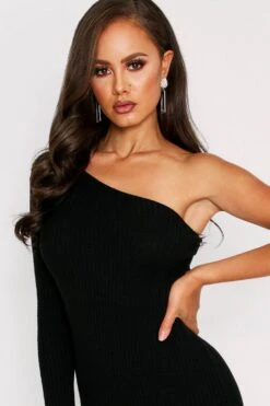 One Shoulder Ribbed Knit Dress 9 One Shoulder Ribbed Knit Dress -Dress Sales Store black one shoulder ribbed knit dress 3