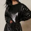Oversized Sequin Jumper Dress -Dress Sales Store black oversized sequin jumper dress