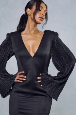 Plisse Sleeve Satin Plunge Mini Dress -Dress Sales Store black plisse sleeve satin plunge mini dress 1