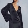 Plisse Sleeve Satin Plunge Mini Dress -Dress Sales Store black plisse sleeve satin plunge mini dress