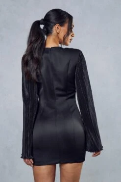 Plisse Sleeve Satin Plunge Mini Dress -Dress Sales Store black plisse sleeve satin plunge mini dress 2