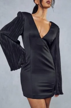 Plisse Sleeve Satin Plunge Mini Dress -Dress Sales Store black plisse sleeve satin plunge mini dress 4
