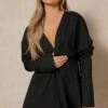 Plunge Front Gathered Sleeve Shirt Dress -Dress Sales Store black plunge front gathered sleeve shirt dress