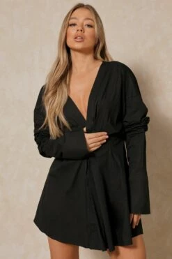 Plunge Front Gathered Sleeve Shirt Dress