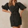 Polka Dot Extreme Puff Sleeve Wrap Dress -Dress Sales Store black polka dot extreme puff sleeve wrap dress