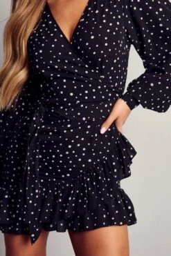 Polka Dot Wrap Frill Dress -Dress Sales Store black polka dot wrap frill dress 1