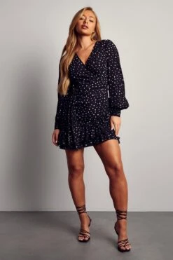 Polka Dot Wrap Frill Dress -Dress Sales Store black polka dot wrap frill dress 3