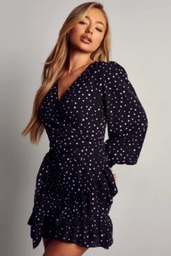 Polka Dot Wrap Frill Dress -Dress Sales Store black polka dot wrap frill dress 4
