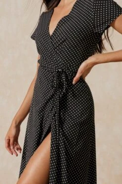 Polka Dot Wrap Front Maxi Dress -Dress Sales Store black polka dot wrap front maxi dress 1
