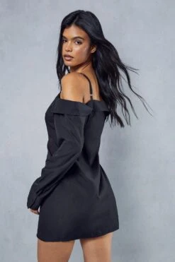 Poplin Off The Shoulder Button Through Shirt Dress -Dress Sales Store black poplin off the shoulder button through shirt dress 2