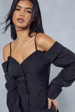 Poplin Off The Shoulder Button Through Shirt Dress -Dress Sales Store black poplin off the shoulder button through shirt dress 3
