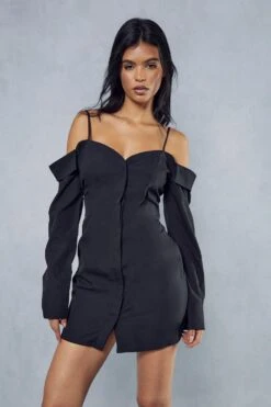 Poplin Off The Shoulder Button Through Shirt Dress -Dress Sales Store black poplin off the shoulder button through shirt dress 4