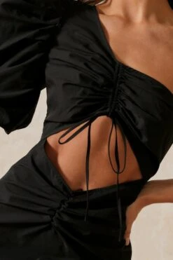 Poplin One Shoulder Puff Sleeve Ruched Dress -Dress Sales Store black poplin one shoulder puff sleeve ruched dress 5