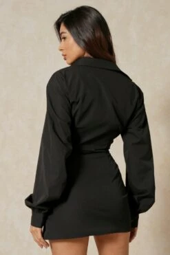 Front Page -Dress Sales Store black poplin ruched side long sleeve shirt dress 1