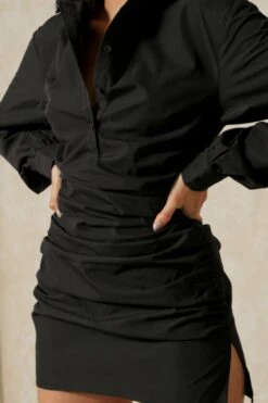 Poplin Ruched Side Long Sleeve Shirt Dress -Dress Sales Store black poplin ruched side long sleeve shirt dress 3