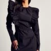 Poplin Ruffle Detail Mini Dress -Dress Sales Store black poplin ruffle detail mini dress