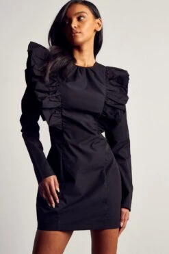 Poplin Ruffle Detail Mini Dress